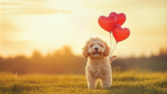 Dog cockapoo with balloons, Valentine’s Day, love, happy, cute.