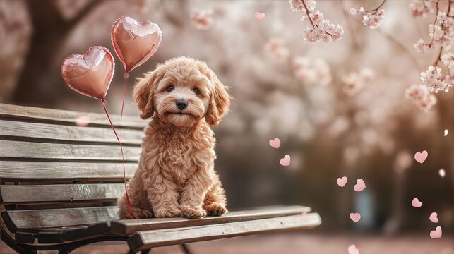 Dog cockapoo with balloons, Valentine’s Day, love, happy, cute.
