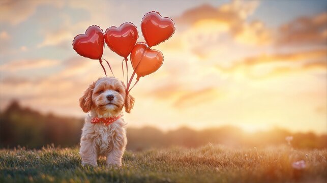 Dog cockapoo with balloons, Valentine’s Day, love, happy, cute.
