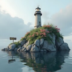 A 3D ultra HD rendering of a lighthouse on a rocky cliff by the sea. There are realistic flowers growing out of the rocks. In the background, there is a sign with the name "maria". The water is calm a