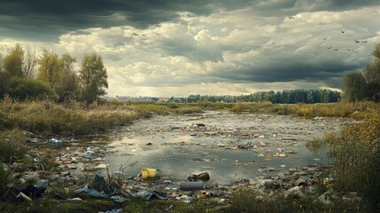 Pollution in Nature: A Desolate Landscape of Waste, Debris, and Contaminated Water Surrounded by Overgrown Vegetation Under a Darkening Sky