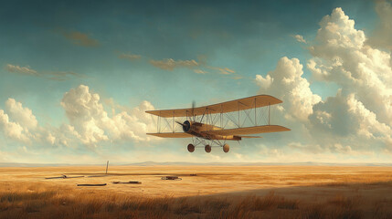 A minimalist depiction of the Wright Flyer on a sandy field, surrounded by faint tire tracks and tools, with a muted sky and soft natural lighting