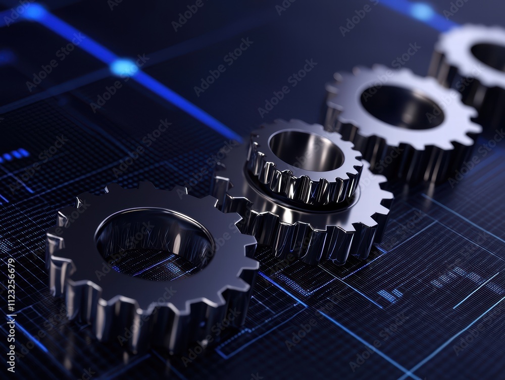 Poster a close-up view of metallic gears on a digital background, symbolizing technology and progress.