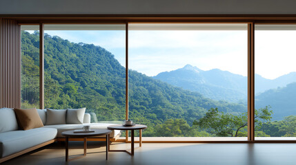 Fototapeta premium Modern living room with large windows showcasing stunning mountain view. serene landscape creates peaceful atmosphere, perfect for relaxation and enjoying nature