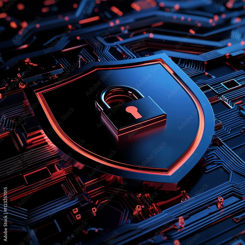 Poster a digital shield symbolizing cybersecurity and data protection on a circuit board.