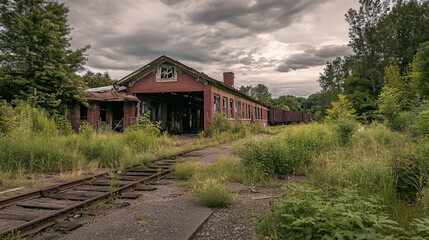 A crumbling train depot with collapsed roof and broken windows, surrounded by tall weeds and abandoned rail cars.