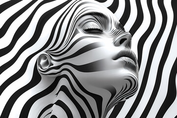 Minimalist poster depicting brightly colored fashion clothes worn by woman resembling the silhouette of sound waves, in the style of black and white op-art.