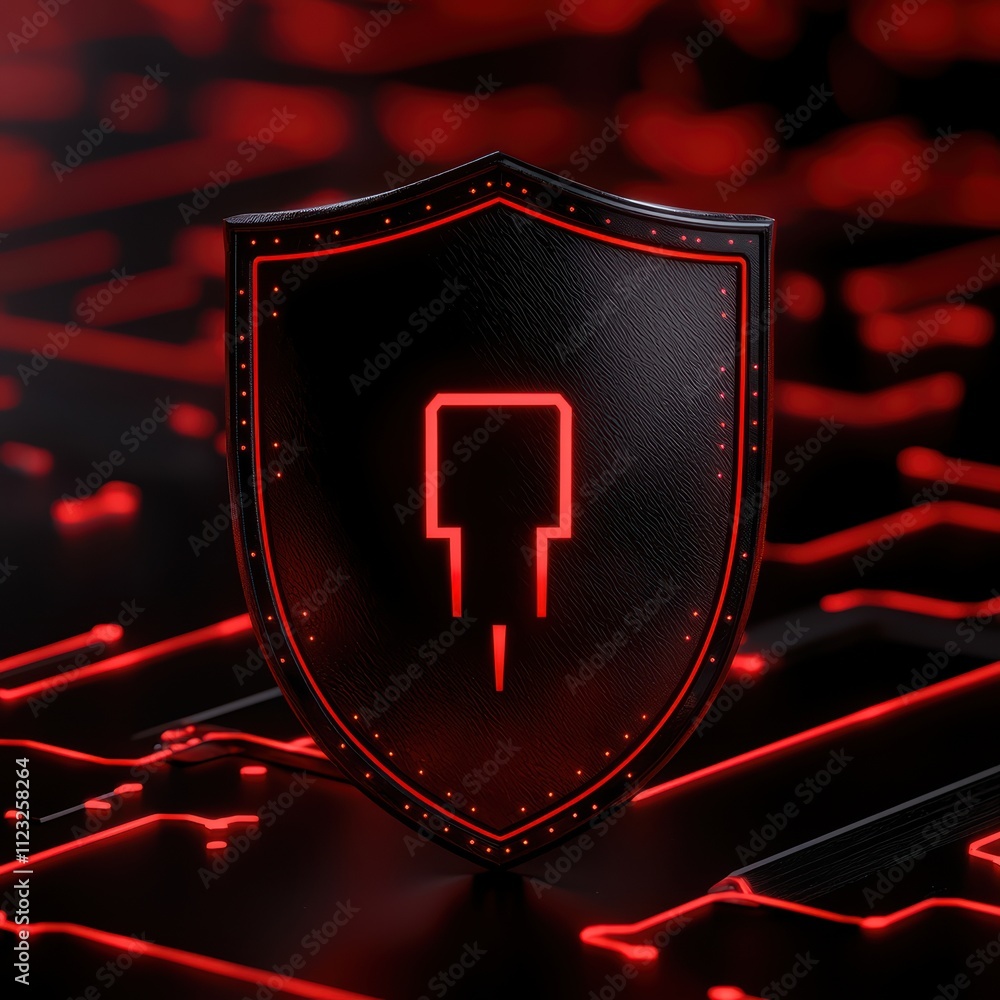 Poster a modern shield icon with a glowing red design on a digital circuit backdrop.