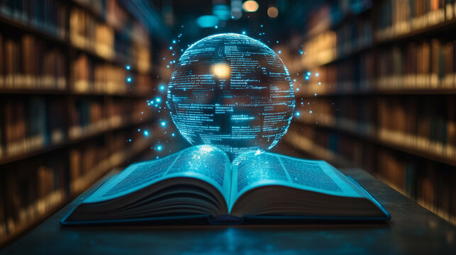 An open book on a library table with a glowing holographic overlay of Dewey Decimal categories floating above it