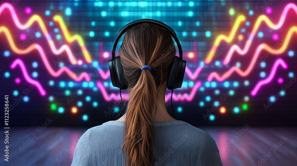 Poster girl with headphones enjoying music in front of colorful sound waves. vibrant background features ne