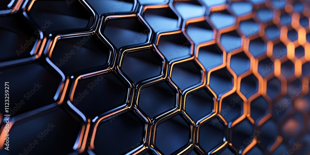 Poster abstract hexagonal pattern with glowing edges in blue and orange hues for design work.