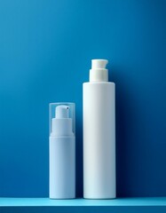Different two products on solid blue background, space for text simple brand of cosmetics