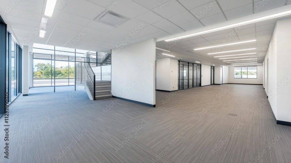 Poster empty modern office space with open layout and large windows overlooking nature