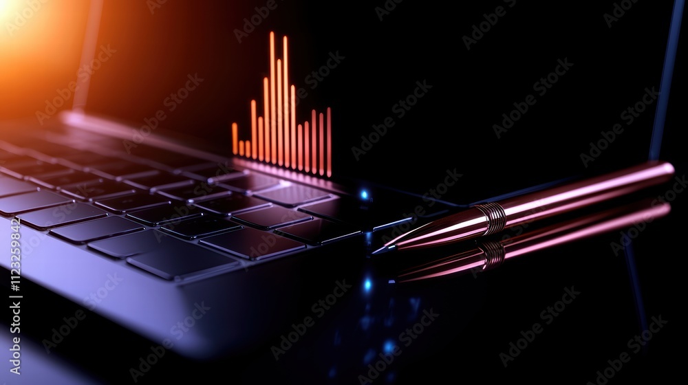 Poster close-up of a laptop keyboard displaying audio performance metrics.