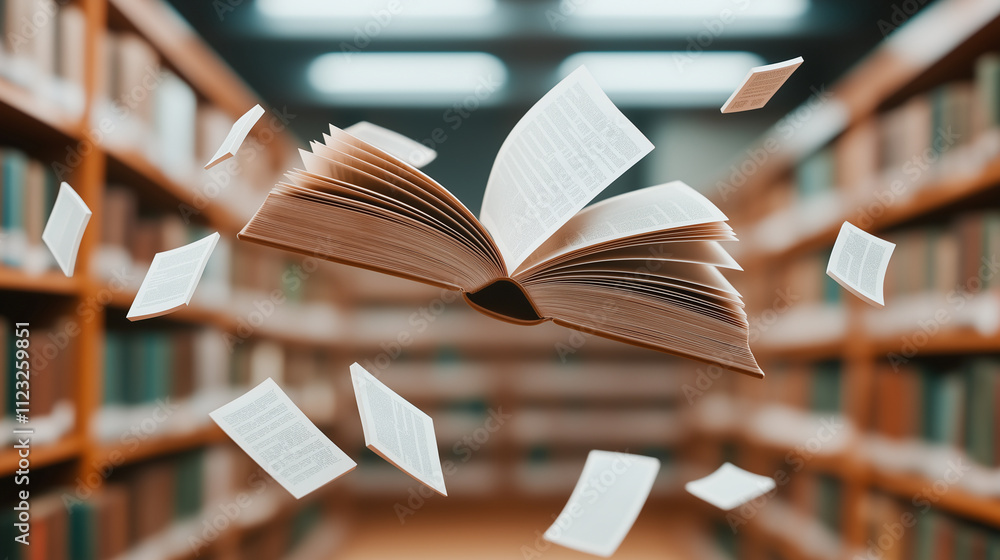 Poster open book with floating pages in library filled with shelves. scene captures magical atmosphere of k