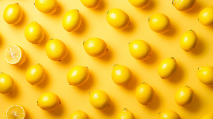 A bright color background featuring a pattern of fresh lemons.