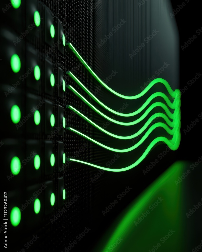 Poster close-up of vibrant green light patterns on a digital panel creating a modern tech aesthetic.