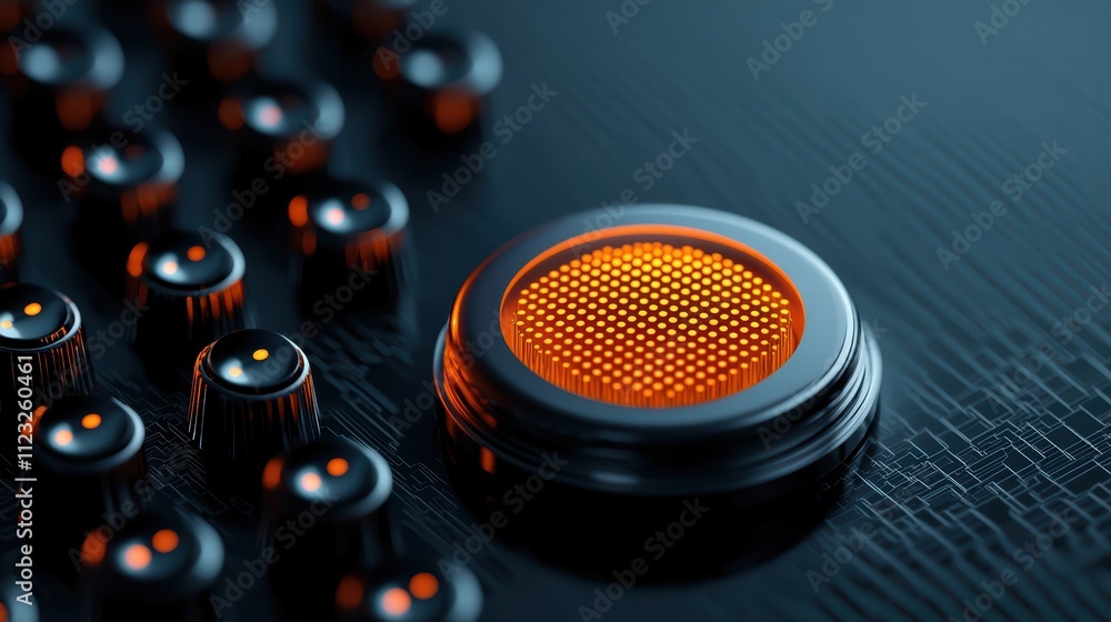 Poster close-up view of a vibrant orange button surrounded by dark buttons on a sleek surface.