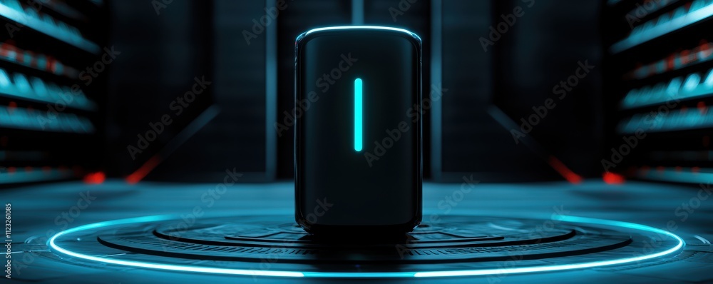 Poster futuristic device with glowing elements in a high-tech environment.