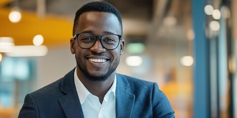 Obraz premium A man wearing a suit and glasses is smiling. He looks confident and happy. Concept of professionalism and positivity
