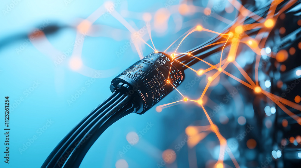 Aufkleber high tech cable connection with glowing nodes and abstract background. this showcases fusion of tech