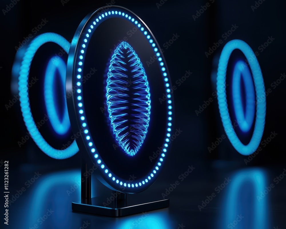 Poster futuristic light display with circular patterns and blue glowing elements.