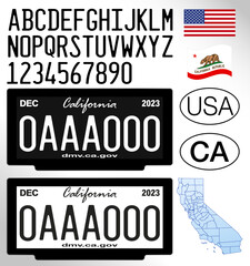 California state car digital license plate, letters, numbers and symbols, vector illustration, United States of America