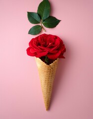 Red Rose in Waffle Cone, Pink Background, Floral Ice Cream Generated image