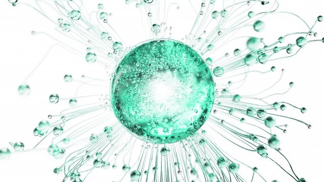 Turquoise cosmetic serum with liquid bubbles in a 3D abstract background. Hydrating essence gel enriched with collagen molecules. Moisturizing cream or oil for advanced skincare, beauty.