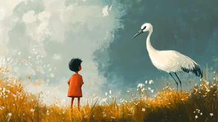 A curious child observing a crane from a distance, the scene capturing the essence of childhood curiosity and innocence.