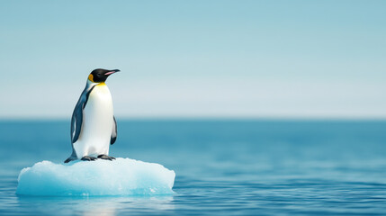 Obraz premium solitary penguin stands on floating ice piece, symbolizing effects of climate change