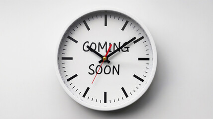 Coming soon text on a watch in white background. Promotion, new product release concepts.