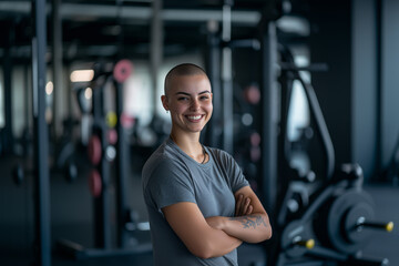Fototapeta premium happy young woman with shaved head and folded arms smiling in gym portrait 