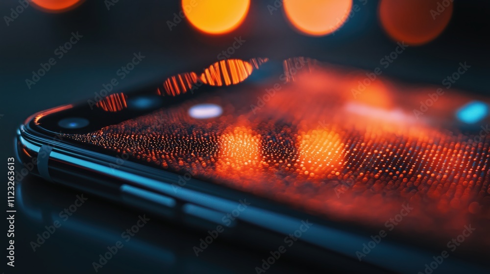 Aufkleber closeup of smartphone screen displaying abstract orange data points and bokeh lights in dark backgro