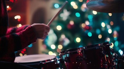 Naklejka premium Drummer Performing Festive Drum Fill at Christmas Rock Concert