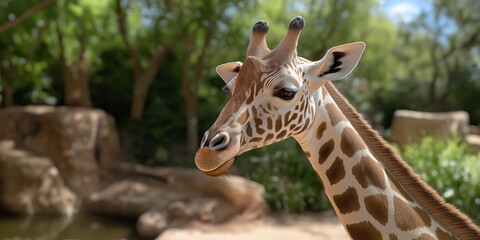 Obraz premium A giraffe is standing in front of a rock wall. The giraffe is looking at the camera