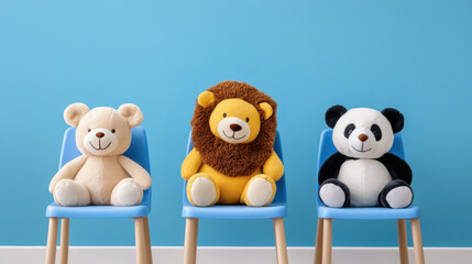 Fototapeta premium Cute stuffed animals including bear, lion, and panda sitting on blue chairs. Perfect for children rooms or playful decor
