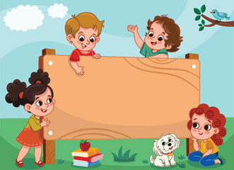 Children are having fun around a big wooden board.