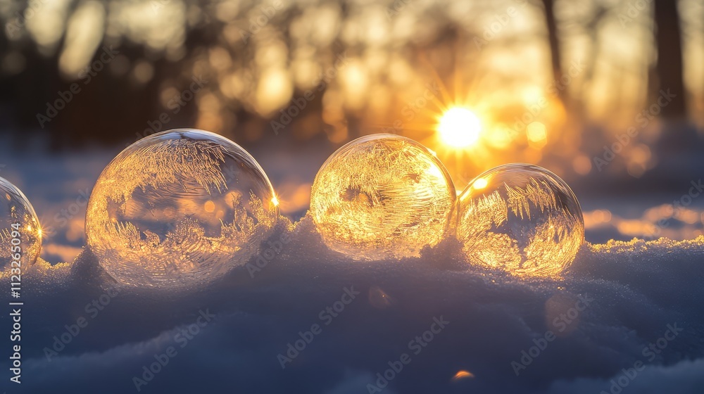 Poster frozen bubbles layered in a thin sheet of ice, creating a natural abstract design with varying sizes