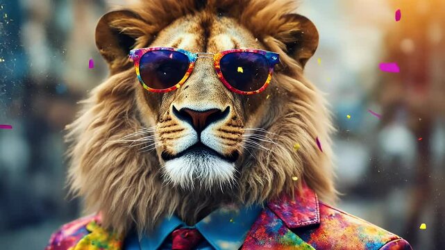 watercolor safari fantasy paint 4k design video sunglasses king aring jacket lion wildlife splashes genarative colorful mammal drawing happy painting