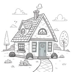 Naklejka premium A black and white house drawing coloring book on white background.