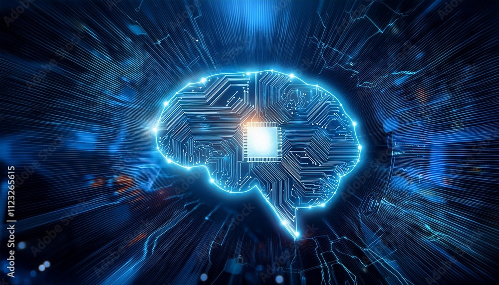 Poster intricate circuit board with illuminated brain symbol representing artificial intelligence technolog