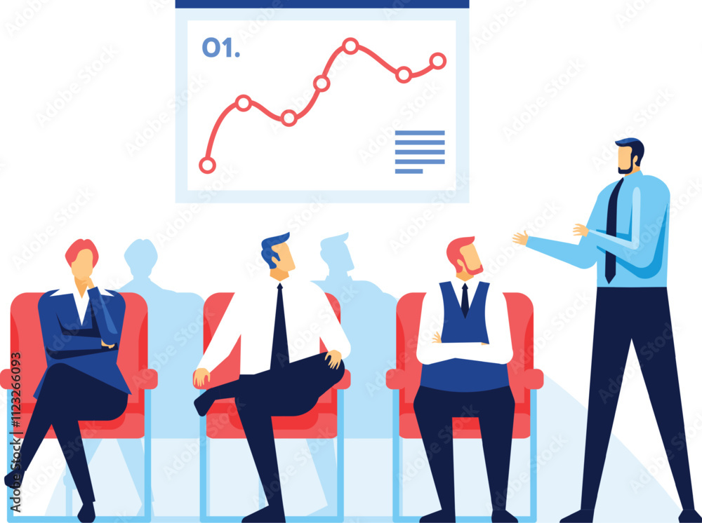 Poster business team listening to a presentation about a red graph showing performance, discussing results 