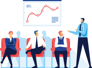 Business team listening to a presentation about a red graph showing performance, discussing results and profits during a business meeting in the office