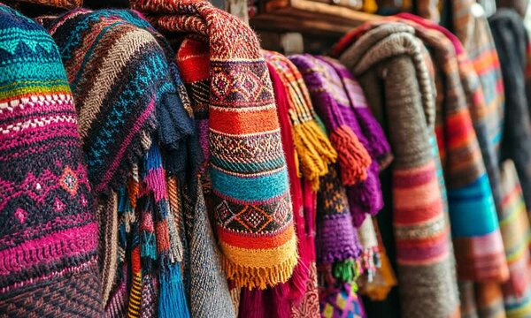 Vibrant Handwoven Textiles Hanging in a Row, Displaying Rich Colors and Patterns