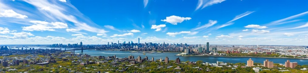 Obraz premium A panoramic view of a vibrant city skyline under a blue sky with scattered clouds.