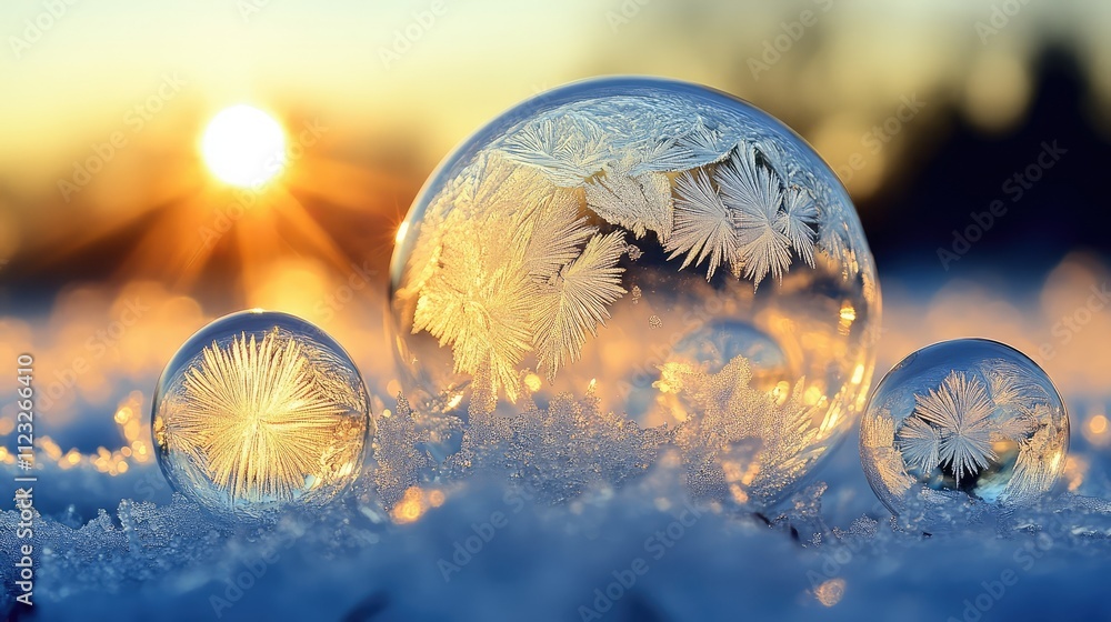 Poster frozen bubbles layered in a thin sheet of ice, creating a natural abstract design with varying sizes