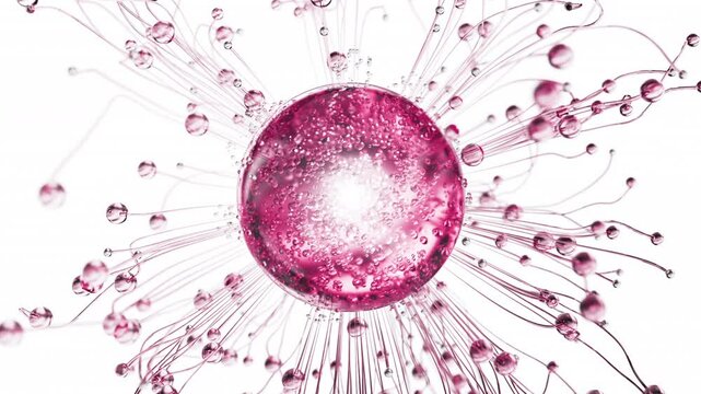 Pink serum with liquid bubbles in a 3D abstract background. Hydrating essence gel with collagen molecules. Moisturizing cream or oil for skincare and beauty.