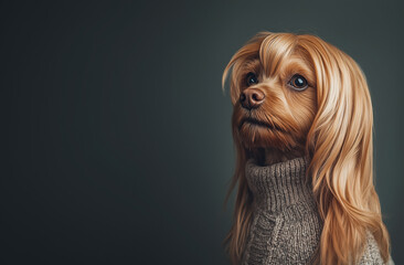 Naklejka premium Stylish Dog Wearing Sweater Against Dark Background in Artistic Portrait