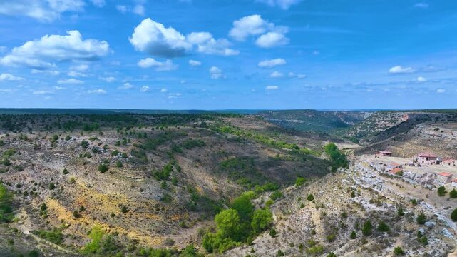 Landscape in the surroundings of the village of Zaorejas. Aerial view from a drone. Molina Alto Tajo Geopark. Alto Tajo Natural Park. Guadalajara Province. Castilla la Mancha. Spain. Europe.